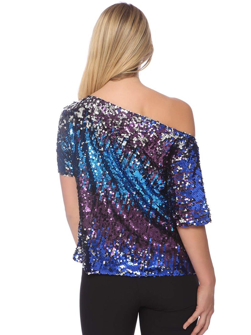 Anna-Kaci Womens Short Sleeve One Shoulder Sparkly Glitter Sequin Top Shirt Blouse, Midnight, Large - Image 2
